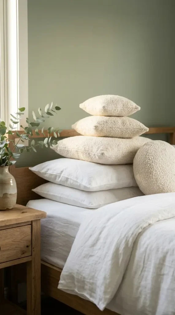 Cama con almohadas bouclé crema y sábanas de lino blanco en dormitorio de paredes verde salvia